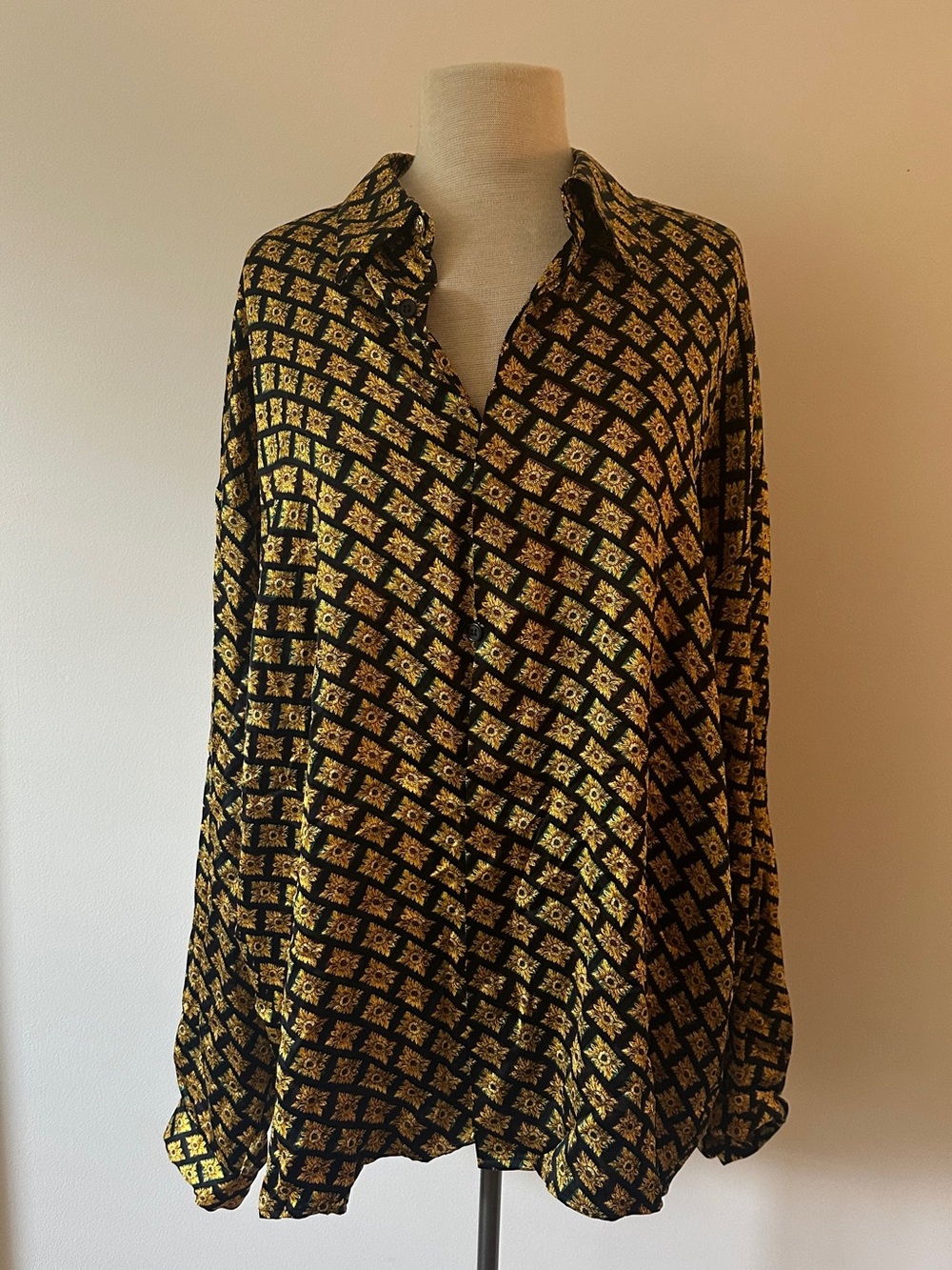Crème De Silk Black Silk Shirt with Gold Geometric Print
